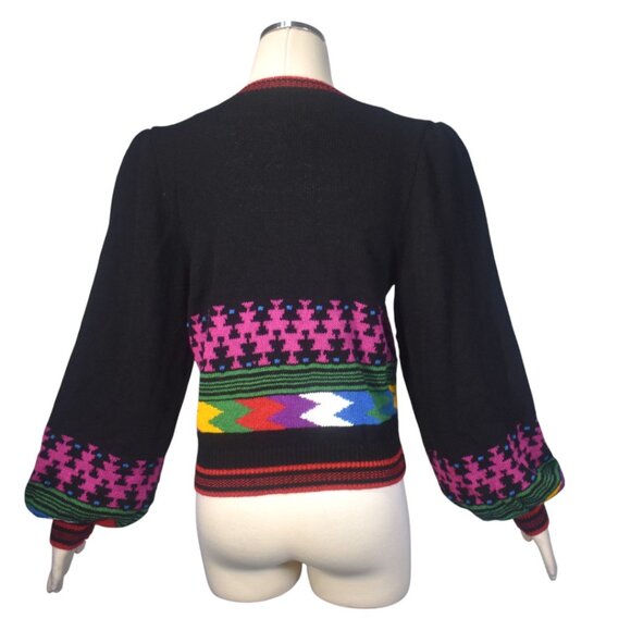 Vintage 80s Balloon Sleeve Knit Sweater Geometric Pattern S M - Picture 4 of 8